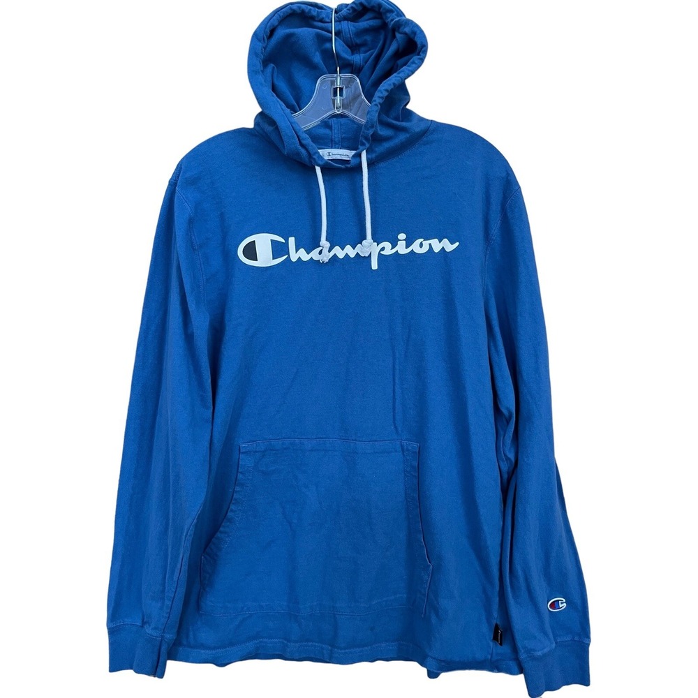 Champion Hoodie Mens Large Blue White Script Logo Pullover Athletic Gym